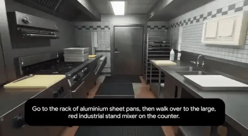 圖注：走到一個鋁架子旁邊，然后走到那個大型的紅色工業(yè)攪拌機旁邊