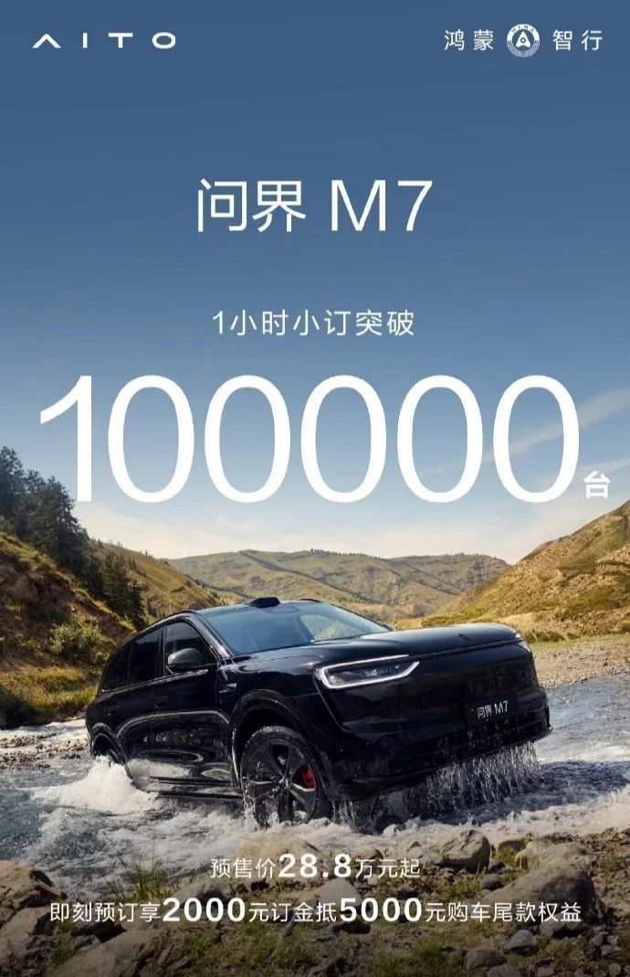 28.8萬(wàn)起，全新一代問(wèn)界M7開(kāi)售，1小時(shí)小訂超100000臺(tái)